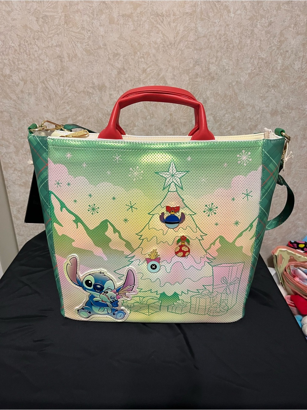 Holiday Stitch Green Tote Bag with Red Handle